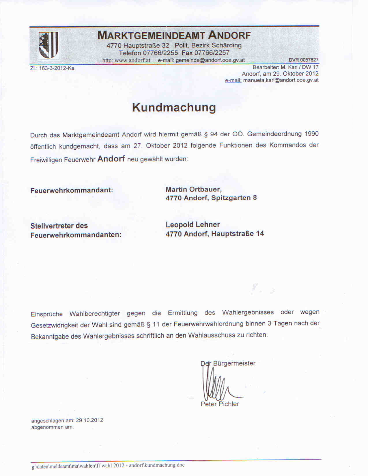 Feuerwehrwahl  27. Oktober 2012